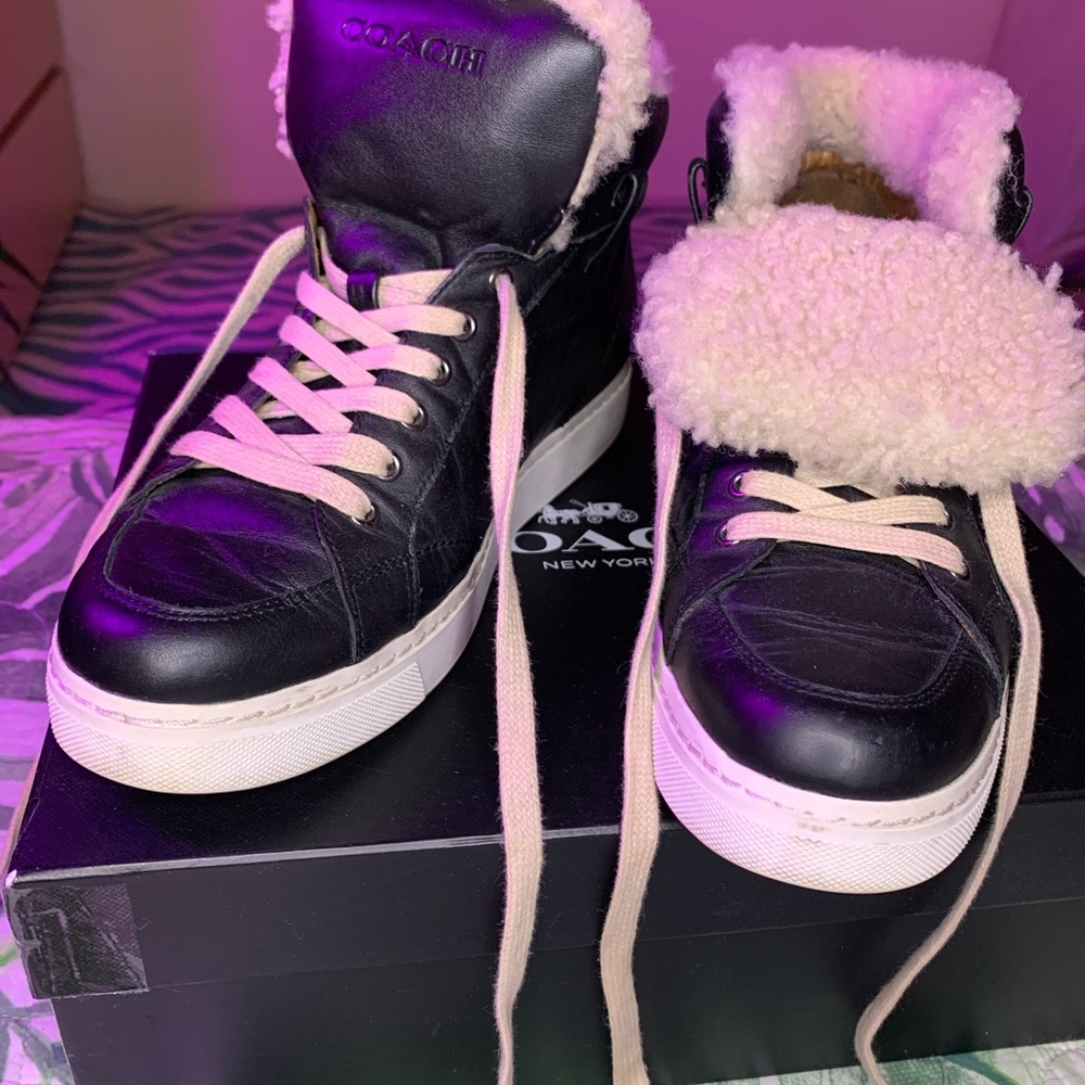 Coach Richmond Black Leather High-Top Sneakers with Cream Shearling Trim